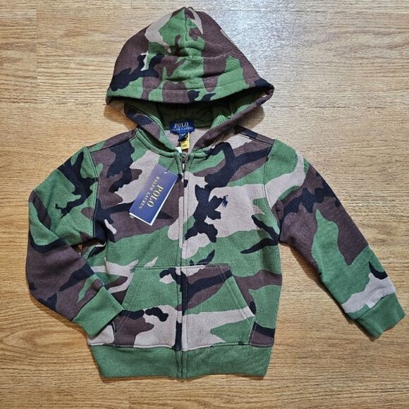 Polo Ralph Lauren Pony Logo Camo Jacket Full Zip Hoodie Girls Size 4 Green Black - Picture 1 of 9